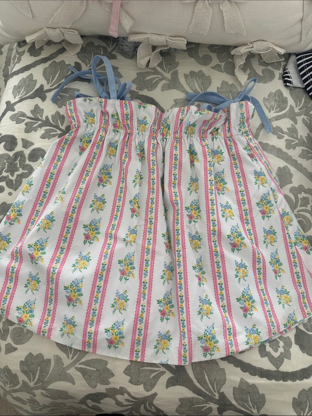 The Beaufort Bonnet Company White Floral Stripe top with Blue Ties